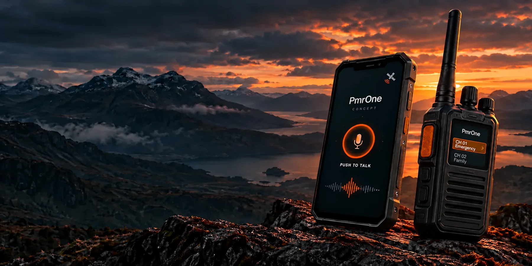 Concept render of a rugged PmrOne smartphone beside a classic walkie-talkie displaying PmrOne, CH 01 Emergency and CH 02 Family against a Highland landscape